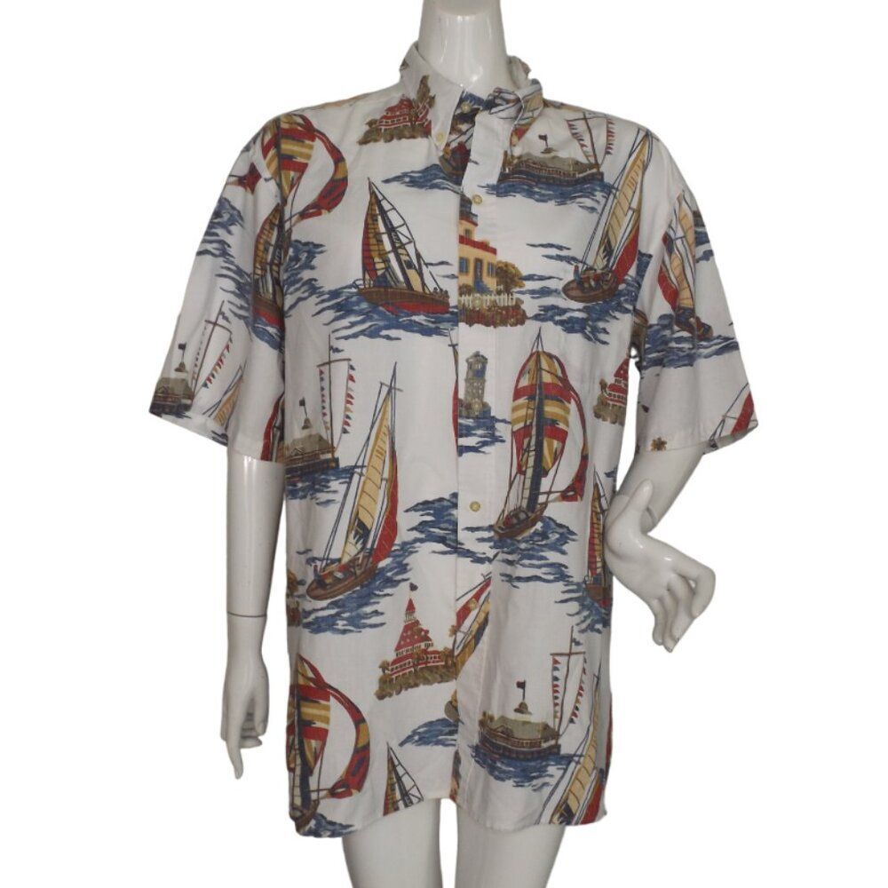 REYN SPOONER Hawaiian Shirt, XXL, White/Multicolor Sailboats, Cotton, Short slv - Picture 1 of 10